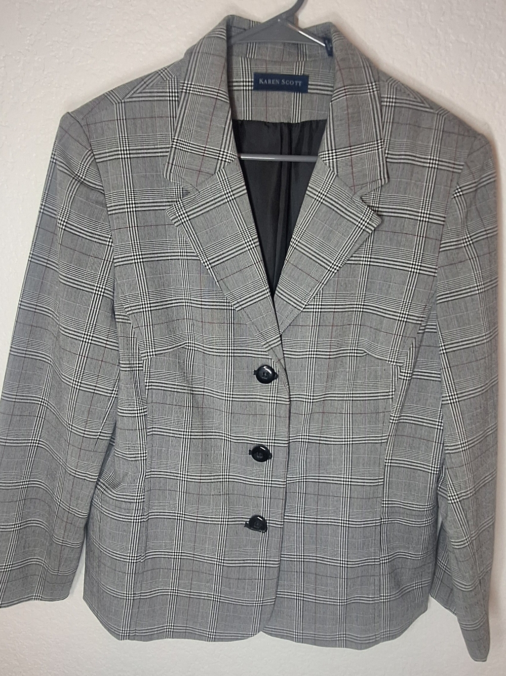 Karen Scott Gray Glen Plaid Blazer Jacket Size 14 3-Button Accent Overcheck